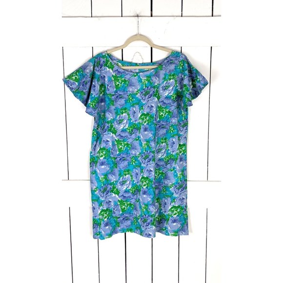 Vintage blue purple floral flutter sleeve cotton cover up sun dress - Picture 2 of 5